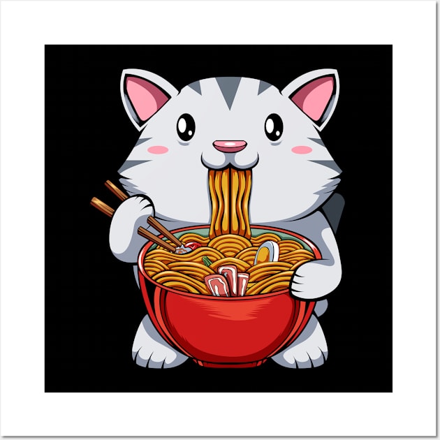 Ramen Kawaii Japanese Cute Cat Tasty Noodles Wall Art by Funnyawesomedesigns